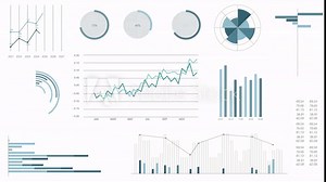 Animated chart gallery. Market trends analysis with blue and grey infographics, data, graphs and diagrams isolated on white background. 4K animation
