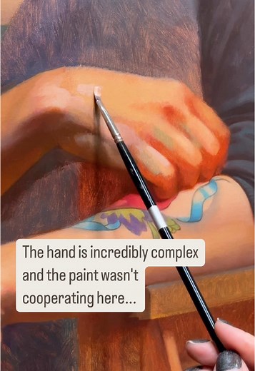 My second layer of paint is all about creating form. I use the paint straight out of the tube for maximum control and opacity. I draw using small patches of different colors and values in order to explore the form, paying close attention to anatomy and temperature shifts. On the hand, however the paint was not necessarily cooperating so I will need to come back and readdress on another day after this is dry. This is not surprising since my lead white is more transparent, and I can’t always get t