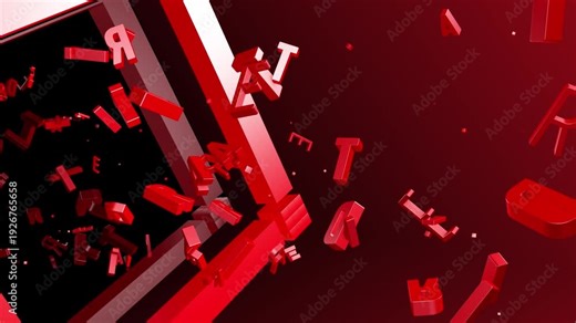 Exploding Red 3D Letters Animation. A seamless dynamic video loop featuring bold red 3D letters bursting apart in mid-air, with fragments flying outward in dramatic slow motion