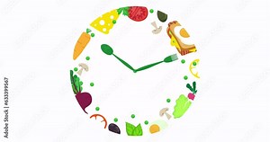 food shaped like an alarm clock. Time to eat, fork spoon. Colorful food and cutlery are arranged in the form of a clock. lunchtime concept.