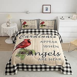 Homewish Red Birds Pattern Comforter Set Queen Size,Rustic Wooden Barn Bedding Set for Kids Boys Girls Bedroom Decoration,Black White Grid Bed Duvet Insert,Winter Scenery Comforter with 2 Pillowcase