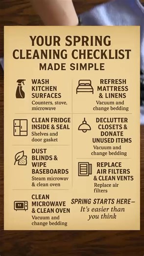 32K views · 262 reactions | YOUR SPRING CLEANING CHECKLIST MADE SIMPLE Wash kitchen surfaces Clean fridge inside & seal Dust blinds & wipe baseboards Steam microwave & clean oven Refresh mattress & linens Declutter closets & donate unused items Wipe light fixtures & ceiling fans Replace air filters & clean vents #SpringCleaningTips #CleanHomeHappyLife #EverydayHomeHacks | Hassan Kitchen | Facebook