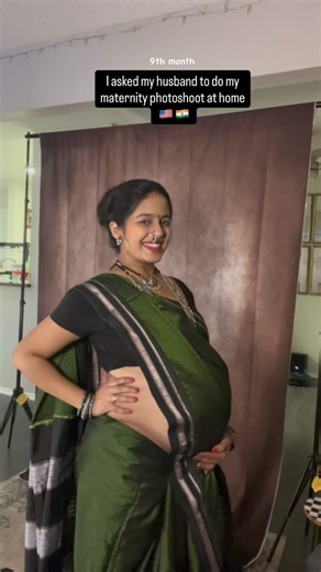 Ash_In_Usa on Instagram: "I asked my husband to do my maternity photoshoot… and we ended up creating our own little studio at home 🤍 From setting up a DIY backdrop, to lighting, posing, clicking… every picture has his love in it. Makeup, saree, styling – all done by me. No professional studio, no big setup… just creativity, teamwork, and a whole lot of love as we wait for our baby 💫 This will forever be one of my most special shoots @hrishi.photography #ashinusa #homephotography #maternityphot