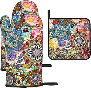 Boho Floral Oven Mitts and Pot Holders Sets, Heat Resistant Colorful Kitchen Gloves Hot Pads, Cute Baker Stuff, Chef Cooking Baking Gifts for Women Bakers, Kitchen Gifts for Cooking Lover Cooks Mom