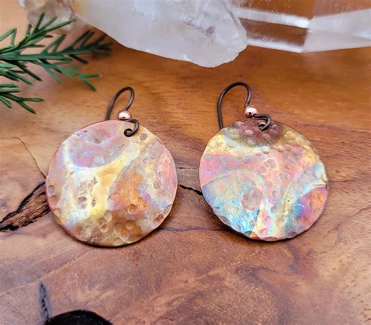 Copper Disc Flame Painted Earrings, Niobium Earwires, Copper Boho Style - Etsy