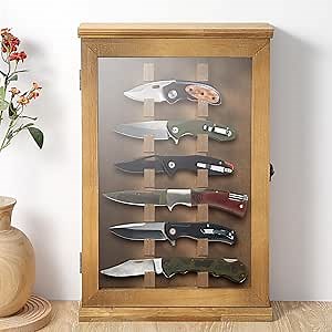 GlikCeil Pocket Knife Display Case with Lockable Clear Acrylic Door, Wall Mount Wooden Holder Display Stand for Collection, Storage, Military Folding Knife Shelf Shadow Box