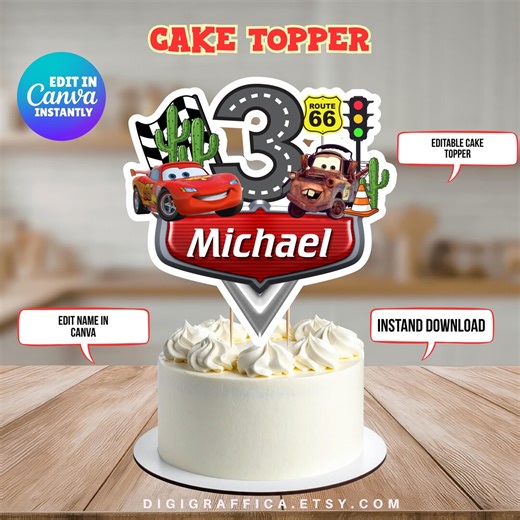 Canva Editable Race Car 3rd Birthday Cake Topper, Name Editable Only Red Speed Car Party Cake Decor, Number 3 Racing Printable Topper, 036 - Etsy