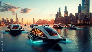 A futuristic boat transport system using electric boats to move passengers quietly across urban waterways