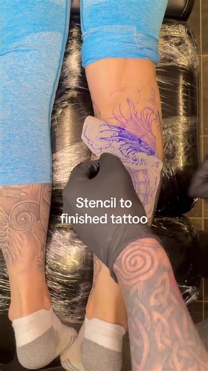 Stencil to Finished Seahorse Tattoo Timelapse