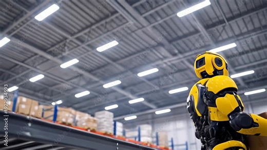 Advanced yellow humanoid robot lifting cardboard box in logistics center. Automated warehouse operations and future of supply chain management. Panning shot.