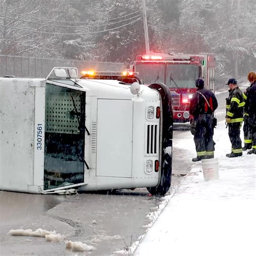 A U.S. Postal Service truck flipped over on its side this morning as roadways in Middleboro quickly turned icy, as another round of snow made its way into New England. | Boston 25 News