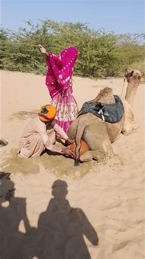 A girl is jumping for joy at the sight of a baby coming from a camel.