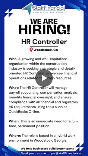 [JOB ALERT] HR Controller – Woodstock, GA - Competitive base salary with bonus potential and comprehensive benefits package. < Apply here: https://lnkd.in/gy9btZpU >  Who: A growing and… | NorthPoint Search Group