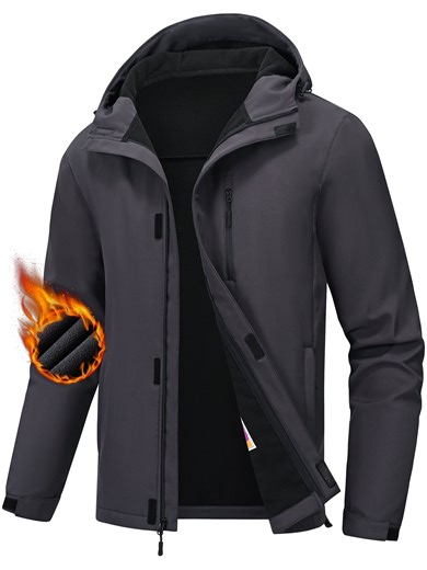 Men's Hooded Softshell Jacket Water-resistant Insulated Windbreaker Winter Warm Fleece Lined Rain Shell Jacket Darkgray L