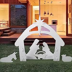 ptlsy Nativity Sets for Christmas Outdoor, 4ft Large Outdoor Nativity Scene for Yard Lawn Garden, Holy Family Christmas Decoration,Weatherproof Wind Resistant PVC, 45"x 43"x 20" White