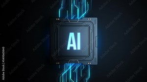 A chip with AI lettering appearing on it with a blue digital computing effect. animation on the theme of technology and artificial intelligence