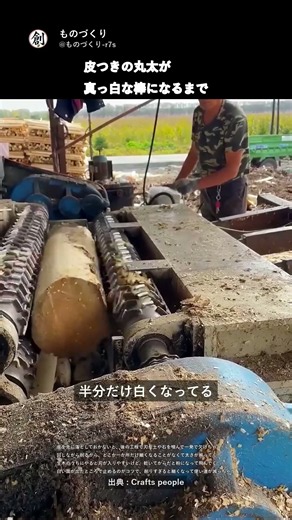 皮つきの丸太が真っ白な丸棒になるまで