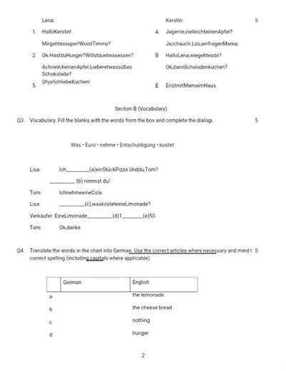 Class 7 German Worksheet