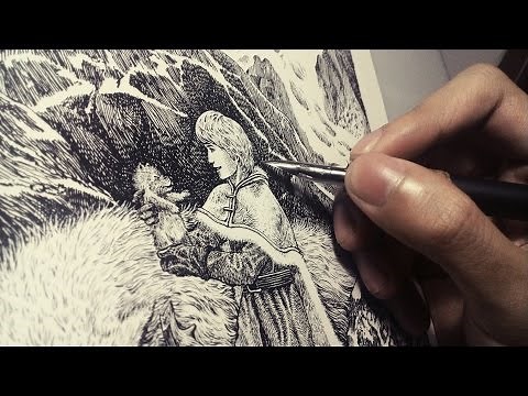 inking tutorial: pen and ink cross hatching illustration time lapse with a lightbox
