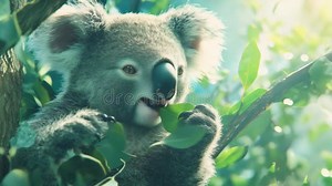 Koala Perched on Eucalyptus Branch, Munching Green Leaves Under Forest Sunlight, Representing Peaceful Native Australian Stock Footage - Video of branch, nature: 386731240