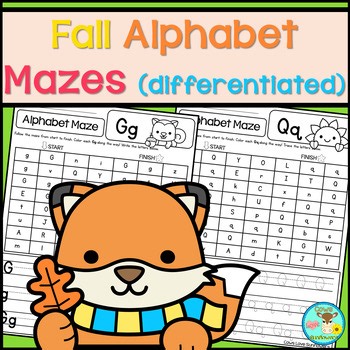 Kinder-1st Alphabet Mazes Color Trace and Write Practice Worksheets Fall Friends