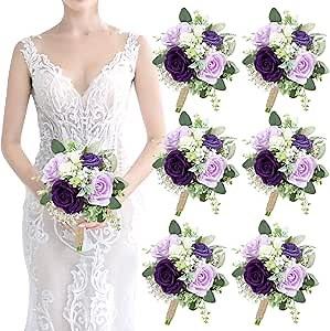 Purple Bridesmaids Bouquets Set of 6 - 7 Inch Artificial Flowers Bridesmaid Bouquet for Wedding Pre-Made Rustic Rose Small Floral Bouquets for Bridal Shower Marriage Proposal Party Anniversary Decor
