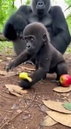 Baby Gorilla Keeps Dropping Fruit… Dad Shows the Simple Trick 🦍🍎