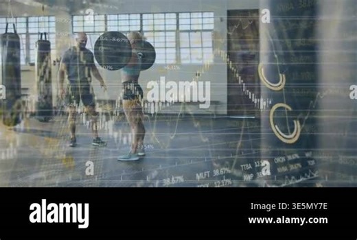 Animation of financial data processing over woman and man in face masks exercising in gym. Global covid 19 pandemic, fitness, computing and data processing concept digitally generated video Stock Video Footage - Alamy