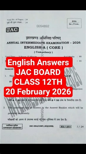 English Answers Key Jac Board Class 12 | Jharkhand Board #shorts #english #exam #jacboard #viral