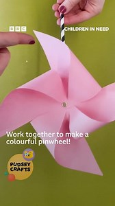 BBC Children in Need on Instagram: "It's so easy to make your own pinwheel! You just need: • A 15cm x 15cm coloured paper square • A straw • A split pin • Scissors • A glue stick • A small ball of blu tak or modelling clay Method: 1. Fold the paper square in half, corner to corner. 2. Open it up, rotate it, then fold it in half the other way, still corner to corner. 3. Grownups: cut along each fold-line, stopping about 2cm from the middle. 4. Spread some glue in the centre of your paper square. 