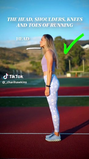 HEAD, SHOULDERS, KNEES AND TOES 🎶 of running posture ✨ . Head: keeping your eyes and head up helps with not only posture but perception when running. . Shoulders: keeps shoulders back and down- these help us with balance, they don’t help with the workload. . Knees: the knees are up for efficiency and speed . Toes: toes are up towards the sky for proper foot placement to keep us healthy and running longer. . What part of your run are you needing to correct?