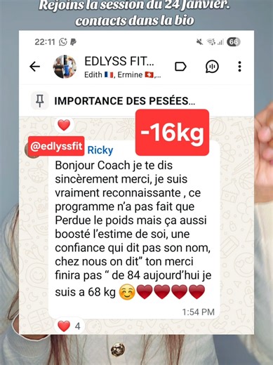 La perte de poids, c’est bien plus qu’une taille plus fine. C’est retrouver de l’énergie, améliorer sa santé, mieux dormir, respirer plus librement, reprendre confiance en soi et se sentir alignée dans son corps. 👉🏾 Rejoins la session du 24 janvier du programme de coaching minceur @Edlyss Fit . Un espace où tu perds du poids sans frustration, sans thés, sans gélules. Ici, les seuls effets secondaires sont 100 % positifs: ✅️meilleure santé, ✅️plus d’énergie, ✅️clarté mentale, ✅️et une relation 