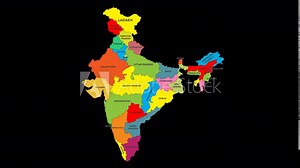 Detailed political country map of India with divisions. India highlighted colour map with transparent background in video format. Map animation 4k resolution.