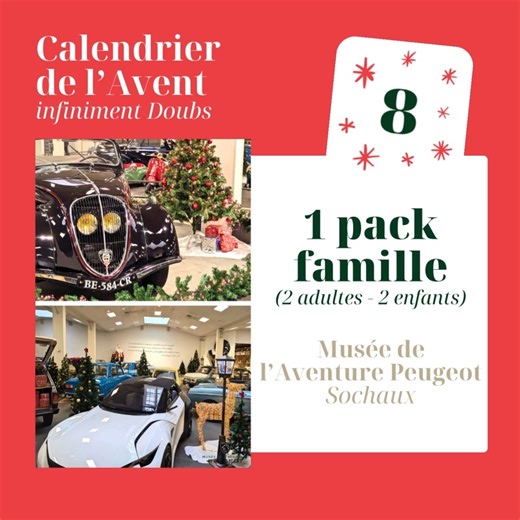 🎁 CALENDRIER DE L'AVENT - JOUR 8 🎁 Aujourd’hui, on plonge dans la magie de Noël au Musée de L'Aventure Peugeot 🎄 Le musée se pare de ses plus beaux décors de fêtes pour l’occasion, et vous pourrez découvrir l’histoire fascinante de la marque à travers des voitures mythiques et des objets d’exception 🏎️ Aujourd’hui un pack famille est à gagner pour profiter d’une visite immersive et ludique ! Une belle sortie pour petits et grands, entre curiosité, histoire et ambiance festive. ✨ 🎁 Pour tent