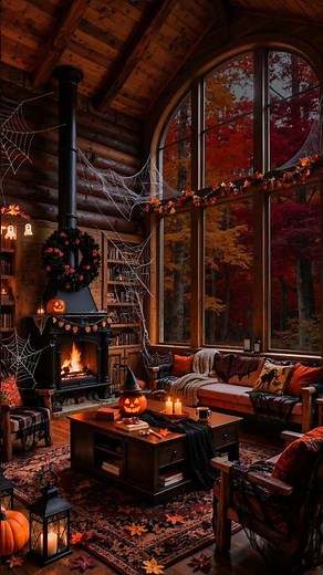 Cozy Autumn Cabin Ambience 🎃 | Spooky Halloween Jazz, Rain & Fireside Sounds