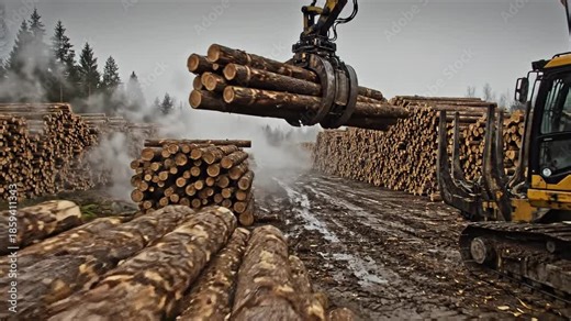 Massive Logs Expertly Maneuvered by Powerful Excavator Machinery in a Logging Operation