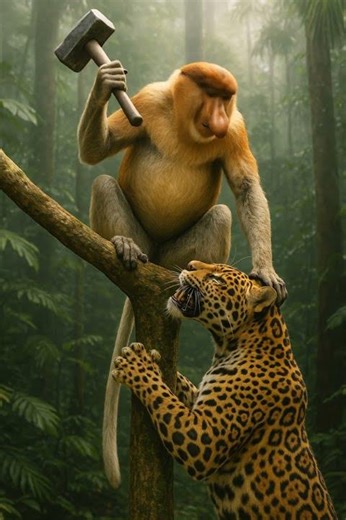 Proboscis Monkey with a Giant Hammer Shocks the Jaguar.#ProboscisMonkey #Jaguar #HammerShowdown
