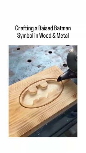 TrendSnap on Instagram: "The post shares a 19-second time-lapse video of crafting a Batman logo inlay by carving the symbol into wood, pouring molten metal for the raised emblem, sanding it smooth, and staining the base orange, garnering 3 million views and 3,800 likes in one day. Replies highlight the technique's appeal, with users in Indonesian praising its cool factor and inquiring about the metal (likely low-melt pewter, safe for DIY as it melts at 170-230°C per casting guides), while one jo