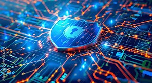 A digital shield with a keyhole icon is depicted on a circuit board, symbolizing cybersecurity and data protection.