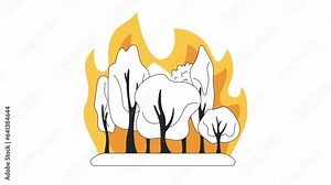 Wildfire natural disaster bw cartoon animation. Flames forestfire 4K video motion graphic. Deforestation forest fire. Forestry burn 2D monochrome line animated scene isolated on white background