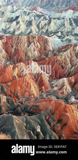 Aerial drone view of the colorful Zhangye Danxia Landform Geological Park in Zhangye, Gansu Province, China. Vertical Stock Video Footage - Alamy