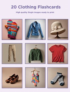 Clothes Printable Flashcards- 20 Clothing and Acessories Flashcards Single Image