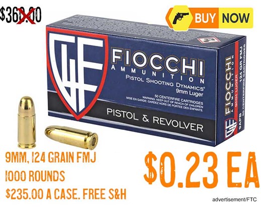 Fiocchi 9mm 124gr FMJ 1,000 Rounds $0.21 Each w/ Free Shipping!