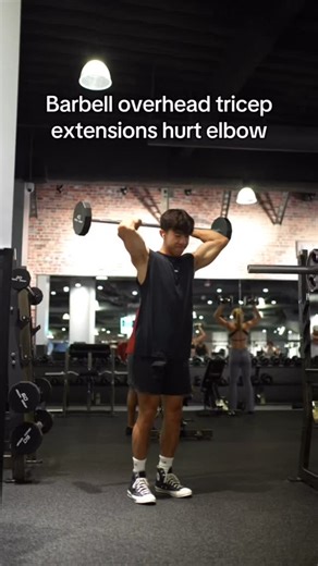If you’re getting elbow pain on barbell overhead Tricep extensions, try keeping your elbows tucked so that they’re more aligned with the direction your elbows naturally extend. Outfit from @ayblmen — C0DE “PATH” for 10% off. The support goes a long way 🙏 #fitness #gym #beaybl | Tyler Path