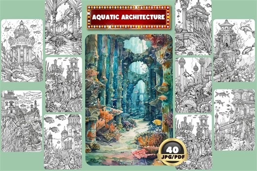Ocean Coloring Book: Underwater Architecture, Grayscale (printable PDF) - Etsy