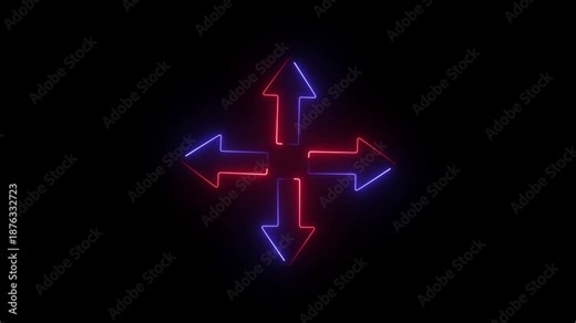 4K Neon Four Way Directional Arrows Animation Glowing Red and Blue Pulse