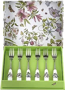 Portmeirion Botanic Garden 6" Pastry Forks (Set of 6) - Assorted Floral Motifs, Stainless Steel with Porcelain Handles, Chip-Resistant Glaze - Elegant Tableware for Sunday Brunch or Afternoon Tea