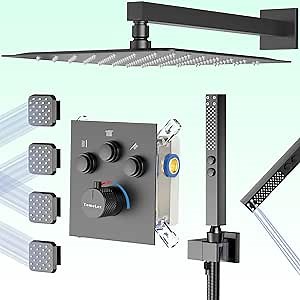 Shower System with Body Jets, 12" Thermostatic Rainfall Shower System with 4 Body Spray Jets (Can Run All Together) Full Body Spray Shower Jets System with Valve - Matte Black
