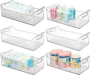 mDesign Portable Nursery Storage Plastic Baby Organizer Storage Caddy Bin with Handles for Kids/Child Essentials - Holds Diapers, Wipes, Bottles, Baby Food, and Snacks - 16" Long - 6 Pack - Clear
