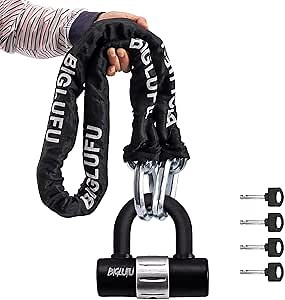 BIGLUFU Motorcycle Chain Locks, Heavy Duty Security Chains, 100cm Long, Cut Proof 12mm Square Chain with 4Keys U Lock for Motorbike, Bike, Generator, Gates, Bicycle, Scooter